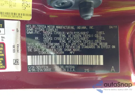 2011 Toyota Sienna Le V6 z USA, uszkodzony, nr VIN 5TDKK3DC3BS145994